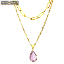 MariaKing Dupla rozsdamentes acél nyaklánc arany színben, lila kristály csepp medállal nyaklánc