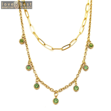 MariaKing Dupla rozsdamentes acél nyaklánc arany színben, zöld kristályos charmokkal nyaklánc
