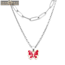 MariaKing Dupla rozsdamentes acél nyaklánc ezüst színben, piros pillangó medállal nyaklánc