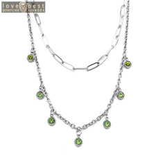 MariaKing Dupla rozsdamentes acél nyaklánc ezüst színben, zöld kristályos charmokkal nyaklánc