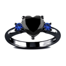 MariaKing Fekete szív cirkónium köves gyűrű kék kövekkel, 10 gyűrű