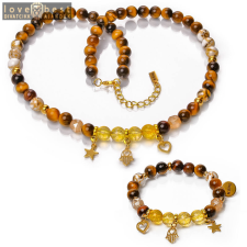 MariaKing Golden Amulet – Citrin és tigrisszem exkluzív ásvány ékszerszett (nyaklánc + karkötő) Szív, Fatima keze és Csillag charmmal vagy anélkül, dobozban karkötő