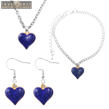 MariaKing Kék csillogó szív medál nyaklánc, fülbevaló és karkötő szett, ezüst színű karkötő
