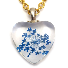 MariaKing Kék virág szív üvegmedál, választható arany vagy ezüst színű acél lánccal vagy bőr lánccal nyaklánc