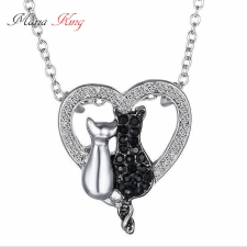 MariaKing Két cicás egy szívben nyaklánc, ezüst-fekete, kristályokkal nyaklánc