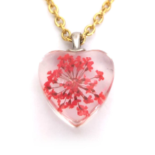 MariaKing Piros virág szív üvegmedál, választható arany vagy ezüst színű acél lánccal vagy bőr lánccal nyaklánc