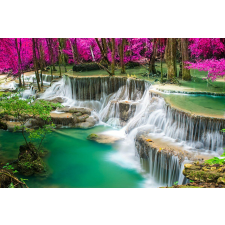  Matrica tapéta Zöld vízesés rózsaszín fákkal, 300 x 200 cm tapéta, díszléc és más dekoráció