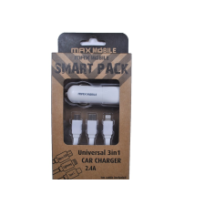 MAX MOBILE Smart Pack Autós Töltő 3in1 USB - Micro USB/Type-C/Lightning kábellel - Fehér mobiltelefon kellék