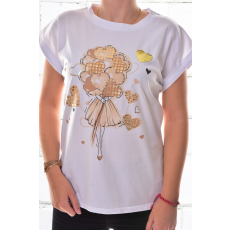 MB Collection női póló - Laza fazonú, divatos, nyomott női minta, bézs színű szívalakú lufikkal, arany díszítéssel M25-1-250203-24/T013