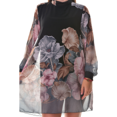 MB Collection női ruha/overál - Elegáns, dupla rétegű, muszlin ruha, nagy színes virágmintával, álló galléros, nyakán hátul gombolós M25-1-250203-35/T007