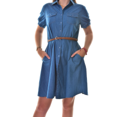 MB Collection női ruha/overál - Rövid ujjú, deréktól bővülő fazonú, elöl végig gombos, vékony farmer anyagú, ajándék övvel M25-1-8531/T001