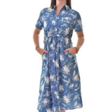 MB Collection női ruha- Rövid ujjú, deréktól bővülő fazonú, megkötővel, elöl végig gombos, oldalt zsebbel, vékony farmer anyagú, fehér virágmintával M25-1-8551/T001