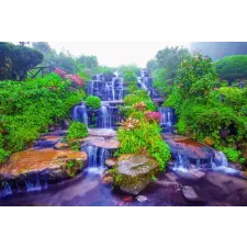  MÉDIA Cascada50 tapéta matrica, vízesés a kertben virágokkal, 270 x 200 cm tapéta, díszléc és más dekoráció
