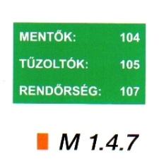 Mentők: 104; Tűzoltók: 105; Rendőrség: 107 m 1.4.7 információs címke