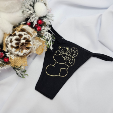  Mikulásos-Karácsonyi TANGA fekete csizmás-macis-cukorpálcás női alsó