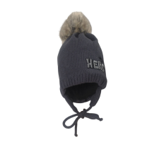 MiniM Gyerek sapka bojtos téli kötött - Szürke / "Hero" hímzéssel 48-50 babasapka, sál