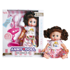 MK TOYS- Barna hajú pisilős baba hajszárítóval, bilivel és kigeészítőkkel baba