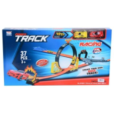 MK Toys Power Track 37 db-os versenypálya szett hurokkal és 2 db hátrahúzható autóval 1/64 autópálya és játékautó