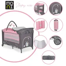 Moni MONI Sleepy összecsukható luxus utazóágy 2 szint+pelenkázó+ játék pink utazóágy