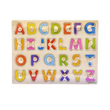 Montessori fejlesztő fa formaberakó fogantyúval, ABC 30x22 cm formabedobó