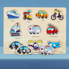  Montessori fejlesztő fa puzzle játék - Járművek 2 puzzle, kirakós