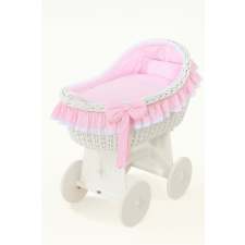  Mózeskosr, fonott kapucnis kiságy Carina - fehér + rózsaszín ágyneműhuzat babakocsi kiegészítő