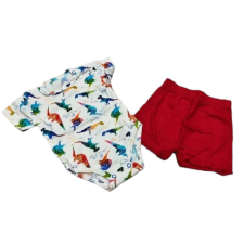 MROFI 2 részes nyári szett - Fehér/Piros Színes Dinó 80 babaruha szett