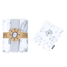 MT T Textil pelenka 3 db + Mosdatókesztyű - Fehér-Szürke - Tollak és virágok mosható pelenka