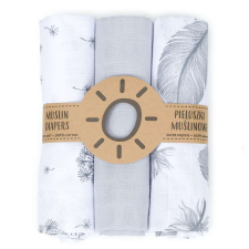 MT T Textil pelenka 3db + Mosdatókesztyű - Tollak és virágok #fehér-szürke mosható pelenka