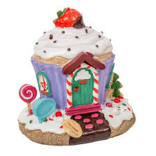  Muffin kunyhó LED-es epres polyresin 11,5cm dekorációs kellék