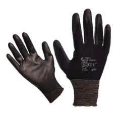 MUNKAVEDELEM Kötött kesztyű fekete nylon, L-es méret 9', poliuretánba mártott teny. és ujjhegy., gumírozott mandzset