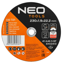 Neo Tools Vágókorong, fémhez, 230x1,9x22,2mm, 41A 46 S BF INOX, 25db/cs barkácsgép tartozék