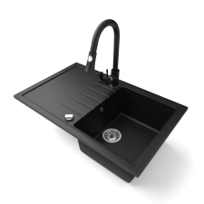 Nero Gránit mosogató NERO Eris + kihúzható zuhanyfejes Snake csaptelep + adagoló + dugókiemelő (matt fekete) mosogatótálca