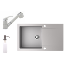 Nero Gránit mosogató NERO Gold + kihúzható zuhanyfejes Shower csaptelep + adagoló (szürke) mosogatótálca