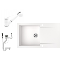 Nero Gránit mosogató NERO Gold + kihúzható zuhanyfejes Shower csaptelep + dugókiemelő (fehér) csaptelep