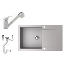 Nero Gránit mosogató NERO Gold + kihúzható zuhanyfejes Shower csaptelep + dugókiemelő (szürke) mosogatótálca