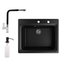 Nero Gránit mosogató NERO Italia + kihúzható fejes Linea csaptelep + adagoló + (matt fekete) mosogatótálca