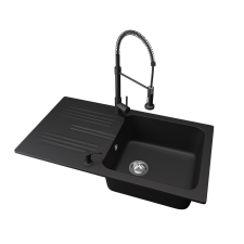 Nero Gránit mosogató NERO Malta + kihúzható zuhanyfejes Loop Spiral csaptelep + adagoló (matt fekete) mosogatótálca