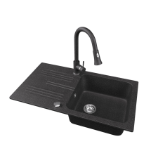 Nero Gránit mosogató NERO Malta + kihúzható zuhanyfejes Snake csaptelep + dugóemelő (fekete) mosogatótálca
