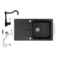 Nero Gránit mosogató NERO Malta + rusztikus csaptelep + dugókiemelő (matt fekete) mosogatótálca
