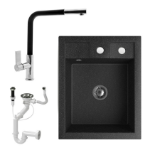 Nero Gránit Mosogató NERO Parma + kihúzható Linea csaptelep + dugókiemelő + szifon (fekete) mosogatótálca