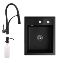 Nero Gránit Mosogató NERO Parma + kihúzható zuhanyfejes Duo-Flex csaptelep + adagoló + szifon (matt fekete) csaptelep
