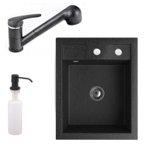 Nero Gránit mosogató NERO Parma + kihúzható zuhanyfejes Shower csaptelep + adagoló + szifon (fekete) mosogatótálca