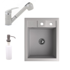 Nero Gránit Mosogató NERO Parma + kihúzható zuhanyfejes Shower csaptelep + adagoló + szifon (szürke) mosogatótálca