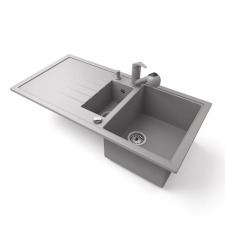 Nero Gránit mosogató - Nero Solarys + kihúzható zuhanyfejes Shower csaptelep + adagoló + dugókiemelő (szürke) mosogatótálca