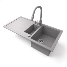Nero Gránit mosogató - Nero Solarys + kihúzható zuhanyfejes Snake csaptelep + adagoló + dugókiemelő (szürke) mosogatótálca