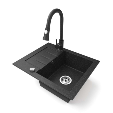 Nero Gránit mosogatótálca NERO Monza + kihúzható zuhanyfejes Snake csaptelep + dugókiemelő (fekete) mosogatótálca