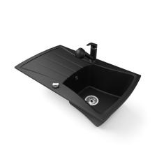 Nero Gránit mosogatótálca NERO Venezia + kihúzható zuhanyfejes Shower csaptelep + dugókiemelő (matt fekete) mosogatótálca