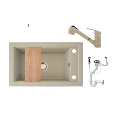 Nero Panama P686-427B Gránit Mosogató + Kihúzható Shower Csap + Dugóemelő + Deszka + Szifon (bézs) mosogatótálca