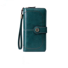  Női bőr pénztárca, BLEKSY, RFID blokk anti kártya szkennelés, cipzár és kézszíj, 19x11x3,5 cm, Páva kék